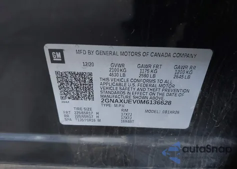 2021 Chevrolet Equinox Awd Lt z USA, uszkodzony, nr VIN 2GNAXUEV0M6136628